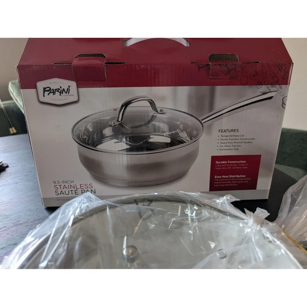 Parini Cookware 9.5 Inch Stainless Saute Pan Tempered Glass Lid Skillet Cooking
